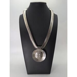 Brutalist Statement Necklace Silver Tone Omega Chain Large Circular Pendant 80's